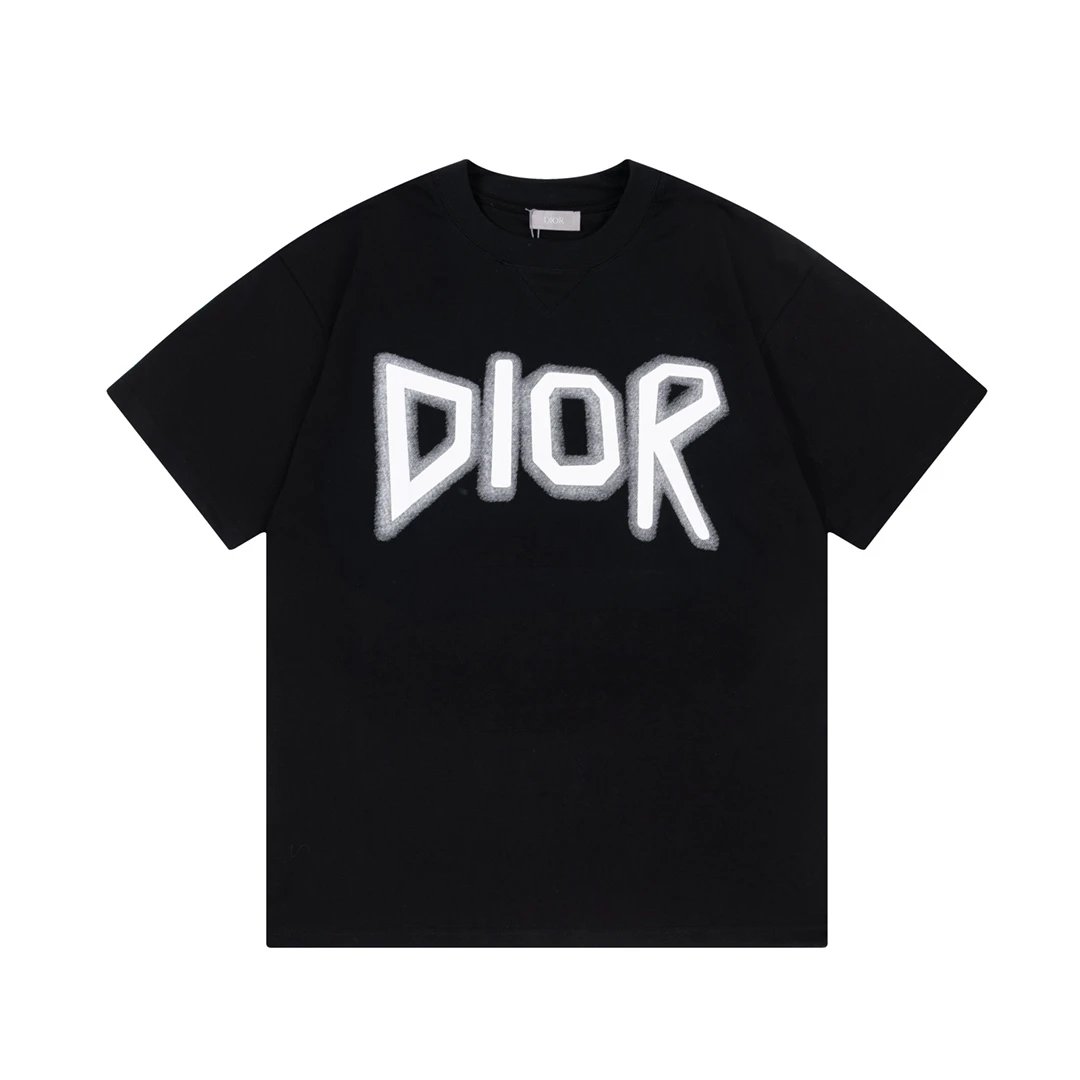 Dior T-shirt Gradient Letter Graffiti Print on Chest logo round Neck Short Sleeve25ss New Pure Cotton Unisex Style T Casual T-Shirt Base Layer Shirt OS Loose Fit Half Sleeve Top Plus Size