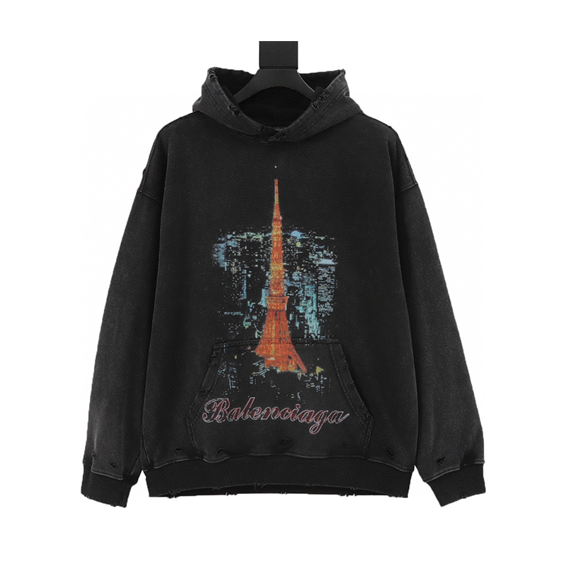 Balenciaga Hoodie 24Fw Tokyo Tower Direct Injection Printing Destroyed Washed Distressed Hooded Sweater for Men and Women