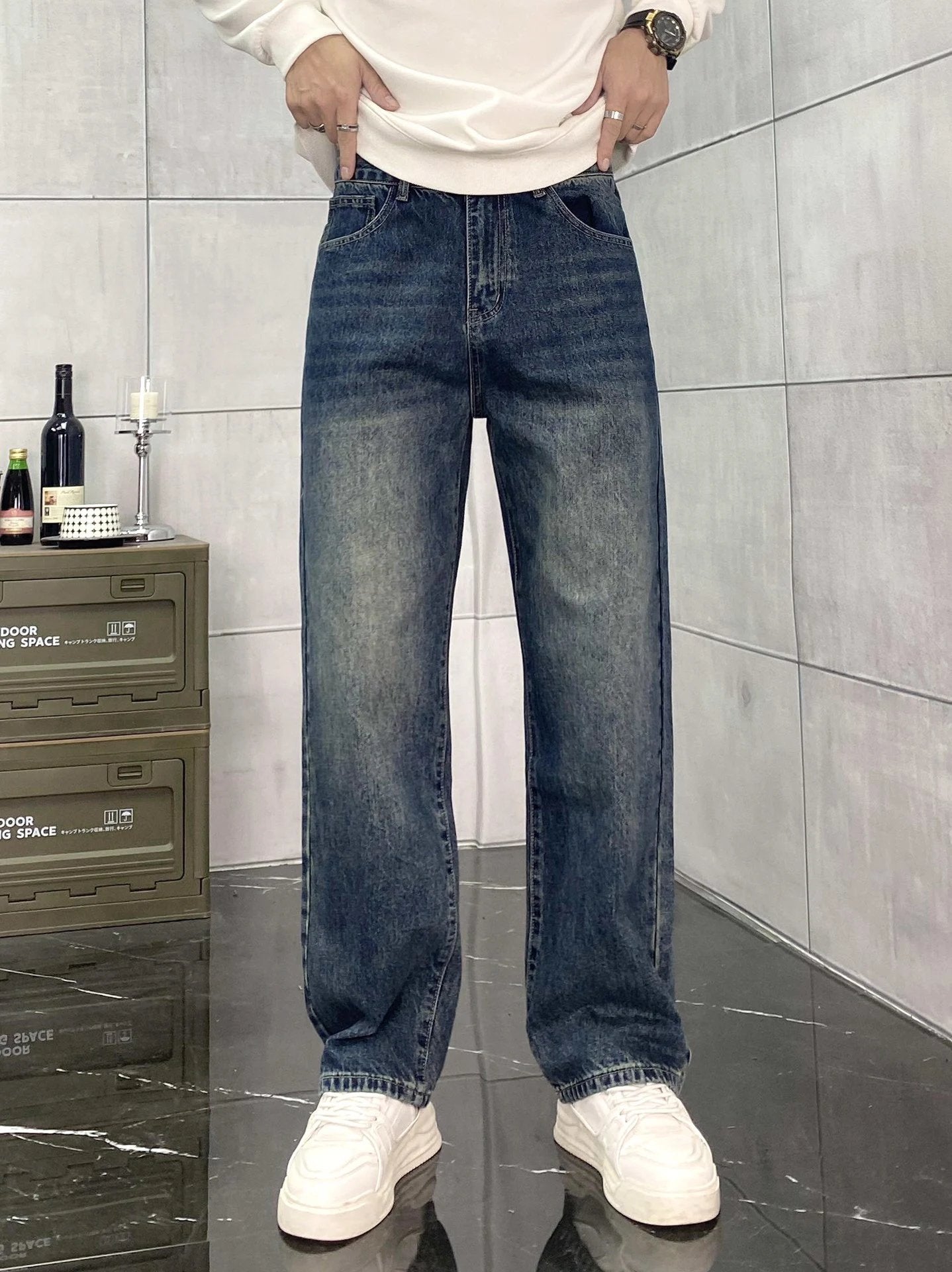 Versace jeans Back Waist Leather Tag logo Straight Washed Blue Jeans Autumn Winter New Unisex Loose Casual Wide Leg High Waist Pants