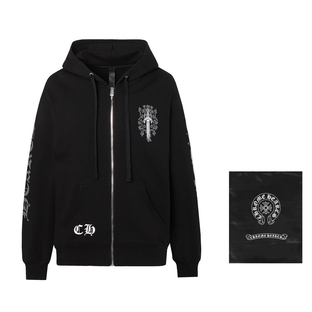 Chrome Hearts Hoodie Great Sword Sanskrit Print Cardigan Sweatshirt Casual Loose Hooded Sportswear Jacket Coat Unisex24s Autumn and Winter New Products