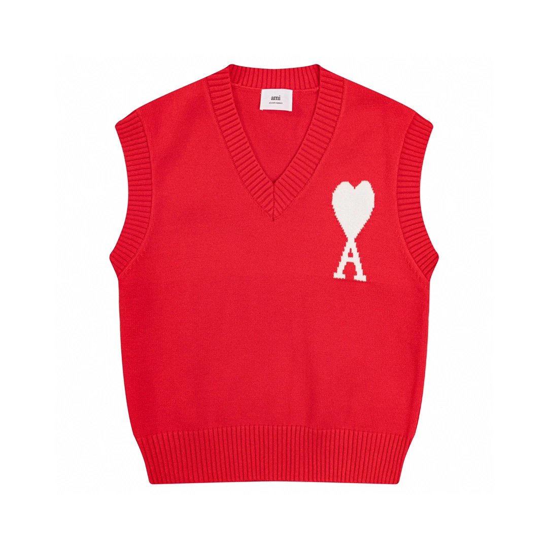 Ami Sweater Top Version Autumn and Winter New Red Heart Letter Collar Sleeveless Sweater Vest Men and Women Same Style