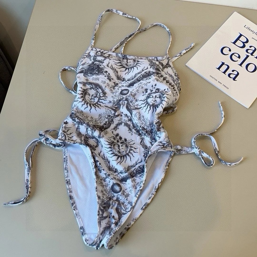 Dior Swimsuit Full Print Sun Pattern Bikini One-Piece Swimsuit Sexy Beach Pool Vacation Hot Spring Small Chest Gathered Backless White Women's Swimwear