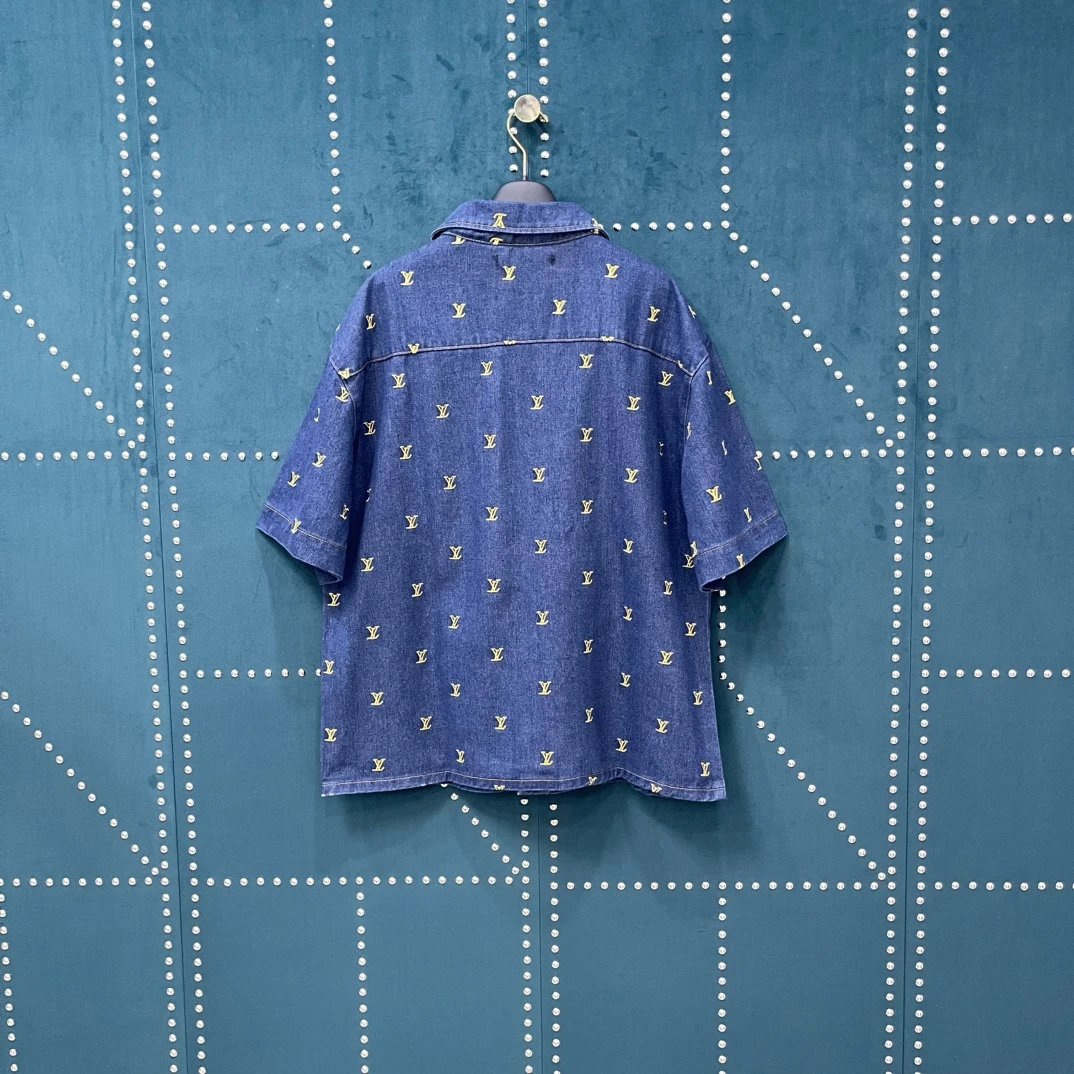 Louis Vuitton LV Shirt Fully Embroidered Gold Small logo Shijia Turn-down Collar Short Sleeve Shirt Versatile Business Unisex Casual Slim Fit Jacket