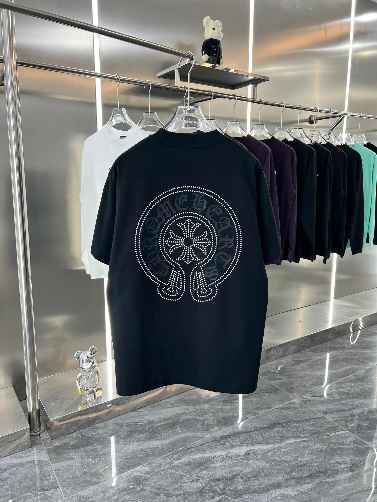 Chrome Hearts T-shirt 3D Silicone Rhinestone Horse Hoof Flower logo Round Neck Short Sleeve Pure Cotton Unisex T Shirt Bottoming Shirt OS Loose Fit T-Shirt