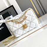 Chanel Women's Bag Top version 【Premium Original Leather】24A Pearl Chain Bag Rhinestone Letters Pendant CF Fang Fat Man Flap Bag24a Pearl Bag Pearl Chain Square Fat Original Lamb Skin Pearl Chain Flap Bag