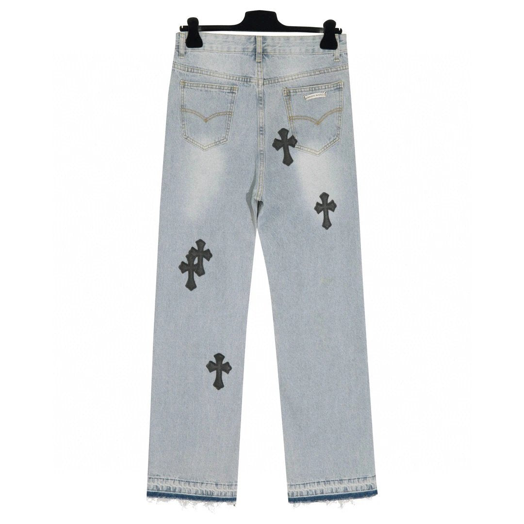 Chrome Hearts Jeans Cross Stitch Leather logo25ss Spring Summer New Straight Loose Jeans Unisex Slim Fit Long Pants