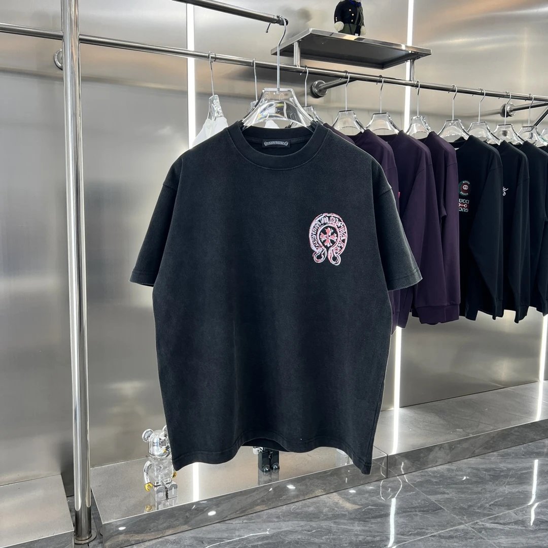 Chrome Hearts T-shirt American Style Distressed Washed Crew Neck Short Sleeve Pure Cotton Unisex T T-shirt OS Loose Fit T-Shirt Casual Simple Base Shirt