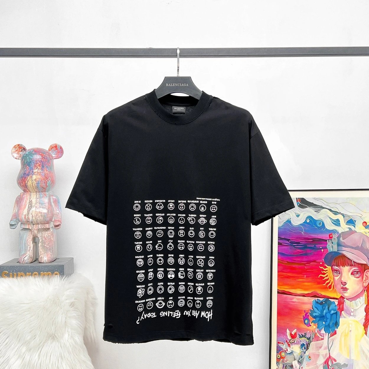 Balenciaga T-shirt Emoji Sticker Print logo round Neck Short Sleeve25ss New Pure Cotton Unisex Style T T-shirt OS Loose Fit Base Shirt Top Half Sleeve T-Shirt