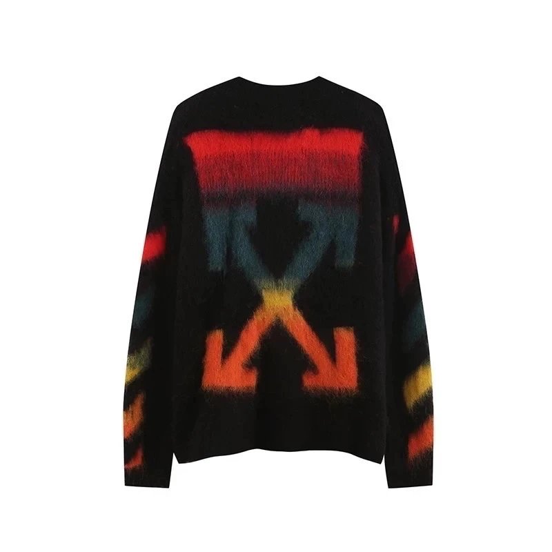 OFF-White Sweater Top Version Verified Quality Sweater Pullover Black and White Arrow Gradient Mohair Autumn and Winter Rendering Knitted Men and Women