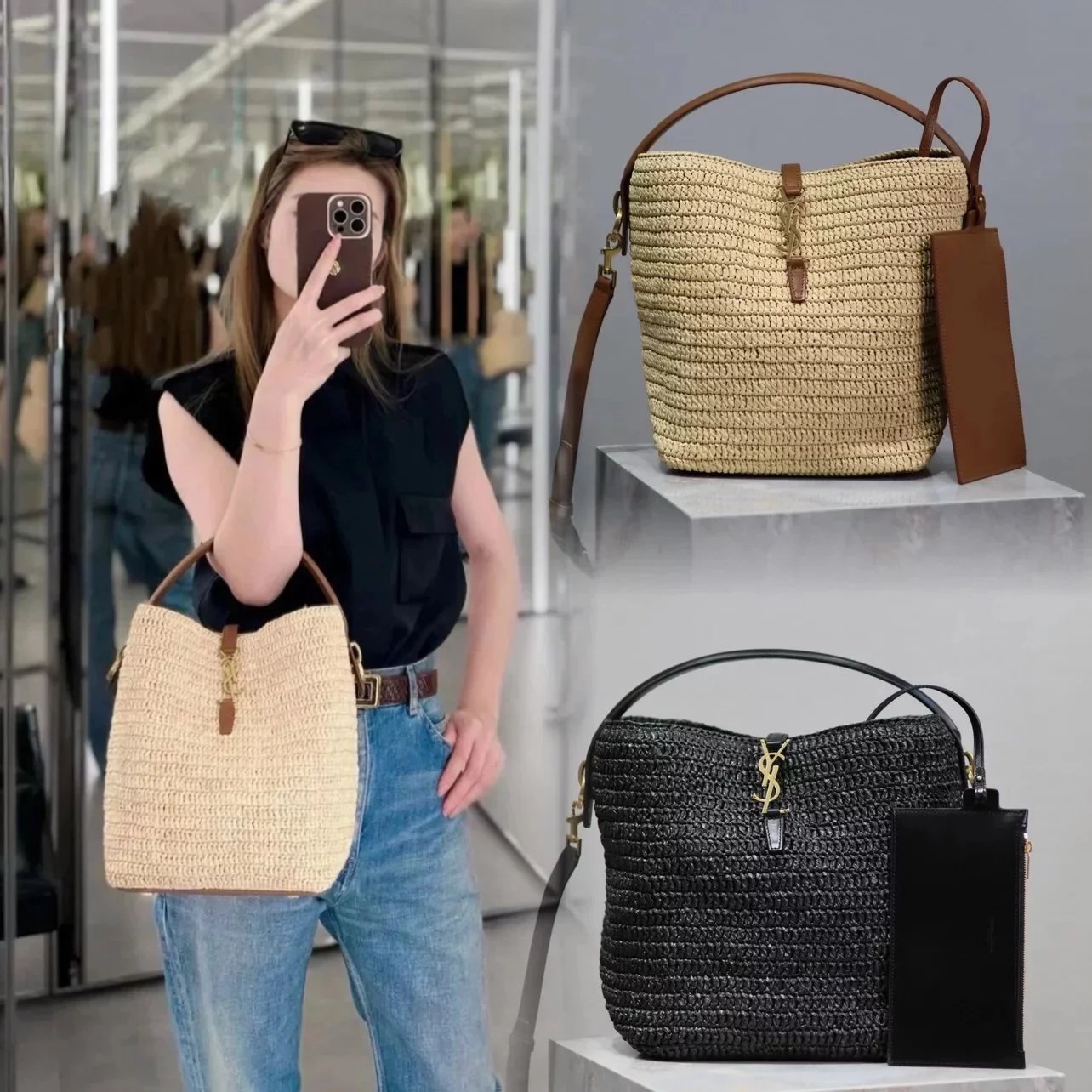 YSL Women's Bag Top version 【Original Leather Premium Version】Home Limited Edition LE37Woven Bucket Bag Handmade Woven Straw Bag Handbag Messenger Bag Women's Bag Cowhide Edge&LOGO Hardware Hooks with Raffia Woven Spring and Summer New Travel Vacation Ess