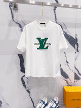Louis Vuitton LV T-shirt Green Checkered Letter Embroidery LOGO Logo Crew Neck Short Sleeve Pure Cotton Unisex T T-shirt OS Loose Fit Casual T-Shirt