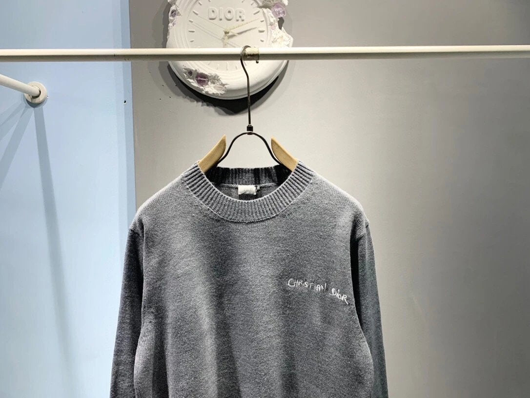 Dior Sweater Wool Blend Embroidered Crew Neck Sweater Knitwear Thickened Lazy Style Unisex Loose Knit Top