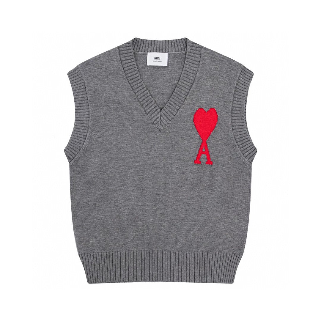 Ami Sweater Top Version Autumn and Winter New Red Heart Letter Collar Sleeveless Sweater Vest Men and Women Same Style