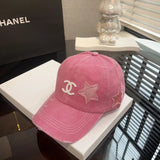 Chanel Hat Ripped Five-Pointed Star Rose Pink Baseball Hat，Ponytail Special，Women's Retro Retro Retro All-Match Face-Looking Small Wash Denim Peaked Cap