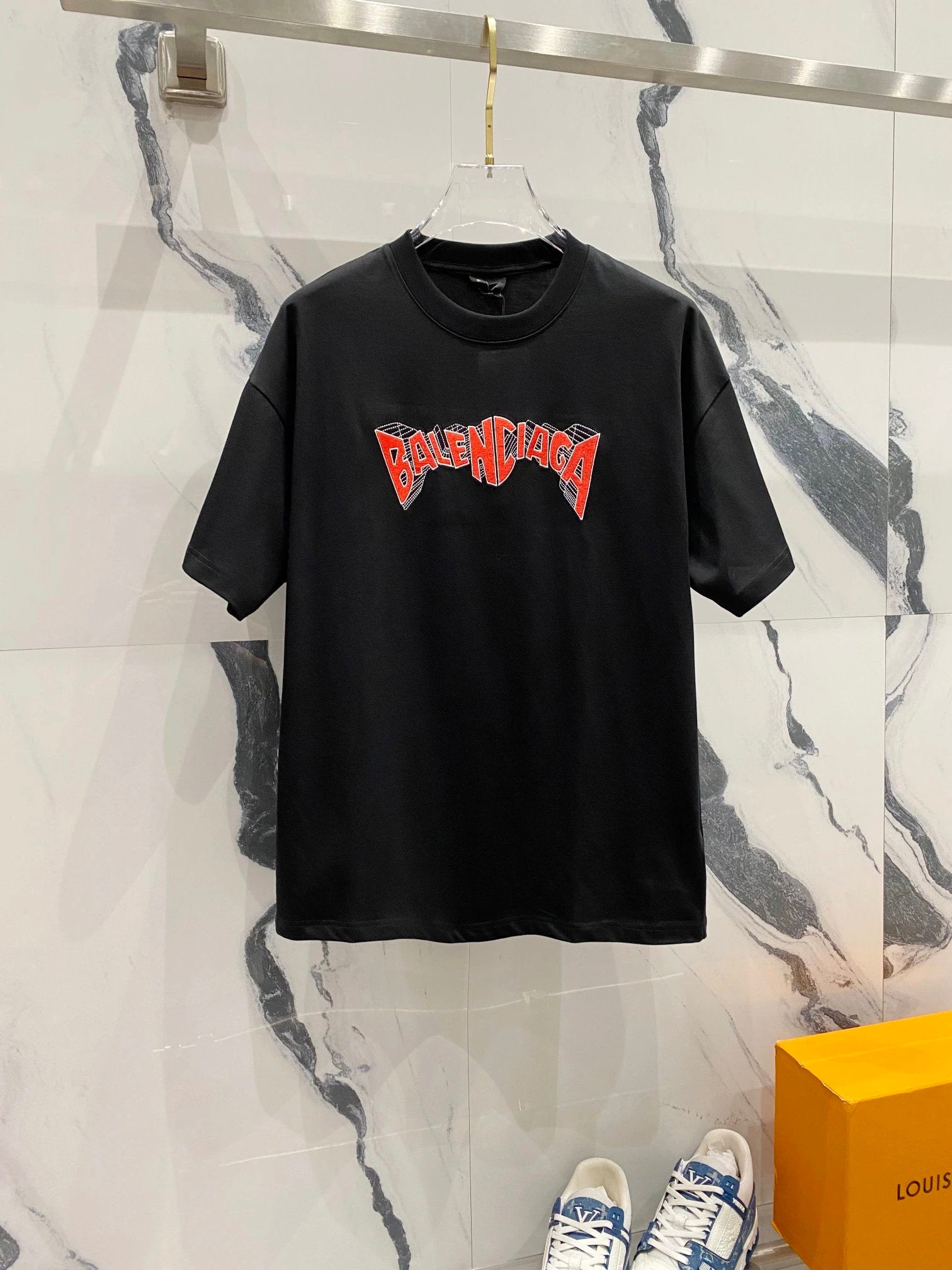 Balenciaga T-shirt Branded Red Letters LOGO Embroidered Crew Neck Short Sleeve Pure Cotton Unisex T T-shirt OS Loose Fit T-Shirt Casual Simple Base Shirt