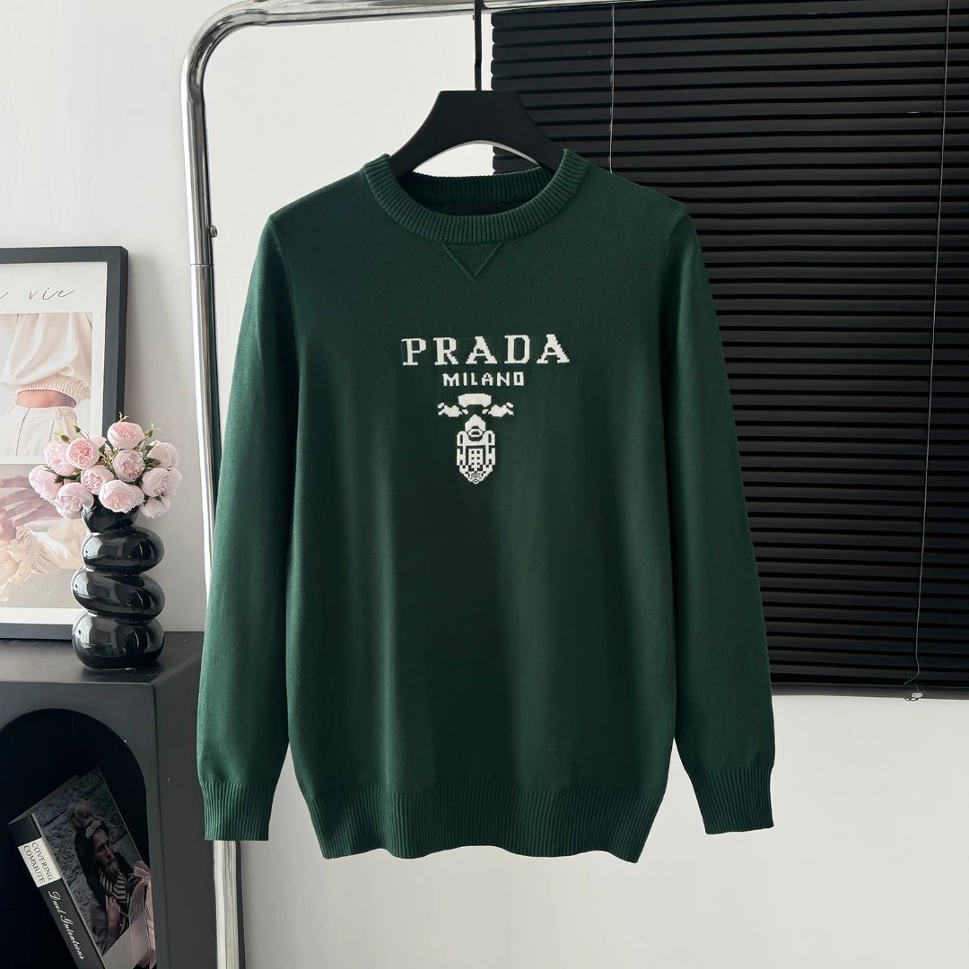PRADA Sweater Capital Letters logo round Neck Sweater25ss Spring New Thickened Long Sleeve Pullover Unisex OS Loose Fit Top Versatile Casual Jacket Lazy Style