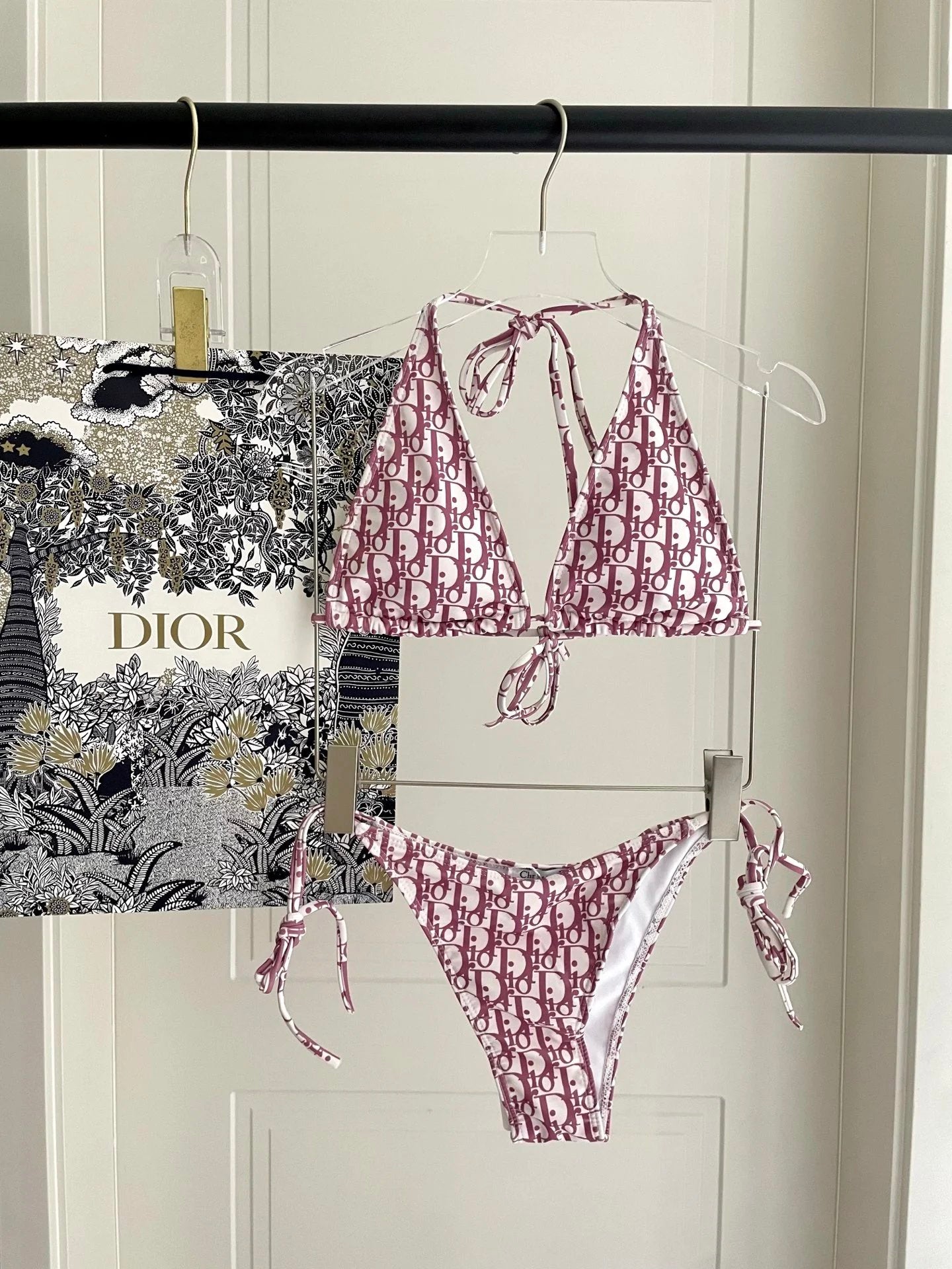 Dior Swimsuit Full Print Jacquard Bikini Two-Piece Swimsuit Sexy Small Chest Gathered Beach Pool Backless White Women's Swimwear Vacation Hot Spring