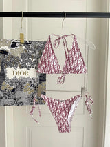 Dior Swimsuit Full Print Jacquard Bikini Two-Piece Swimsuit Sexy Small Chest Gathered Beach Pool Backless White Women's Swimwear Vacation Hot Spring