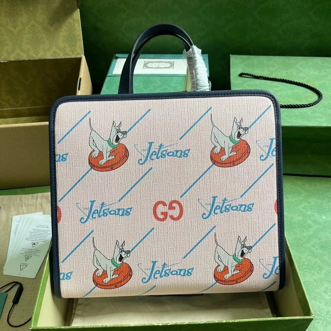 Gucci Women's Bag Top version 【**Version】2023New Children's Printing Series Tote Bag Pink Jason Pattern2024New Children's Bags Tote Package Vegetable Basket Bag605614New Sausage Dog Bichon LADYBIRD