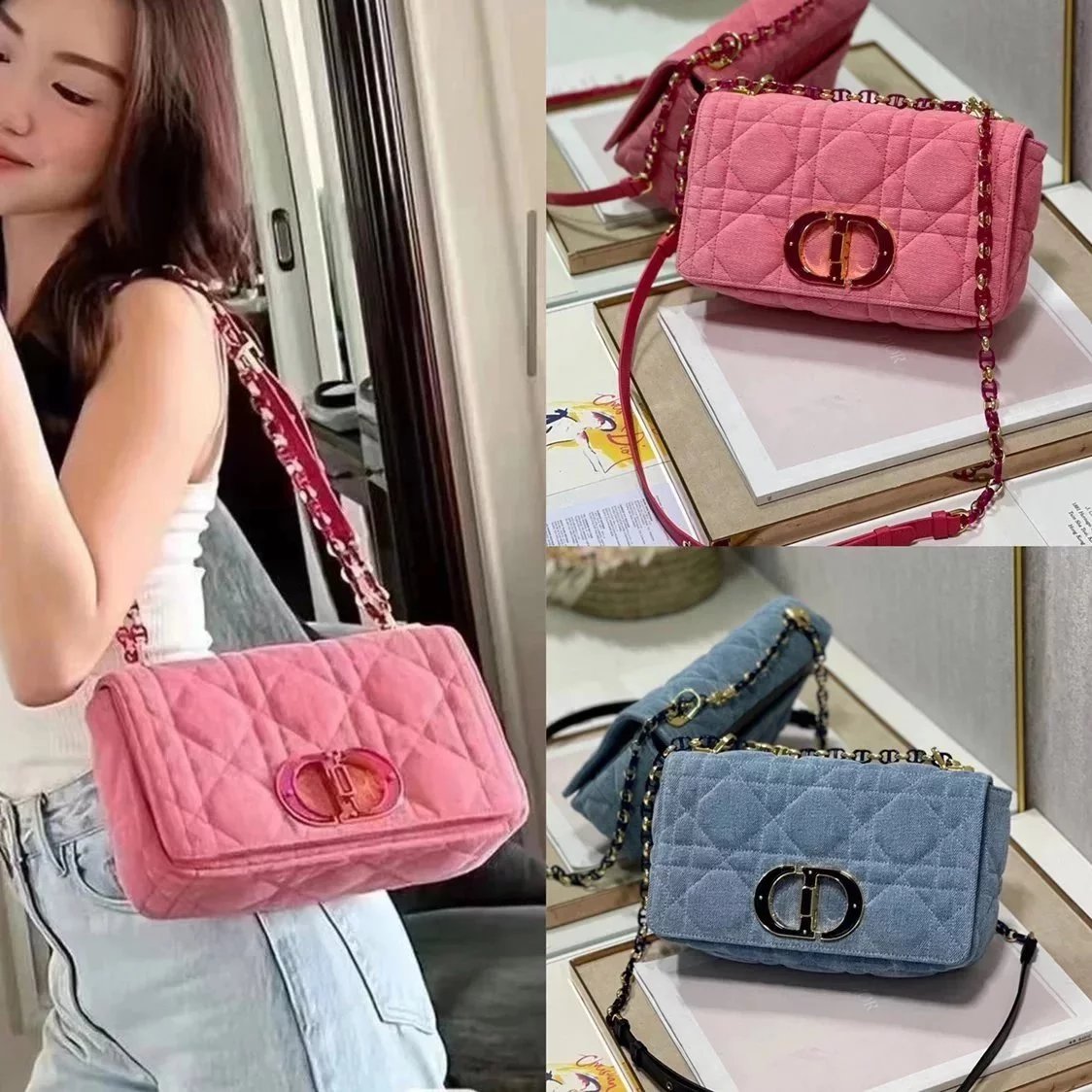 Dior Women's Bag Top version 【Original Leather】2022Spring and Summer New Caro Denim Handbag Caro Bag New Arrival Denim Denim Pink Blue Chain Bag Crossbody Montaigne Messenger Bag for Women Messenger Bag Women Bag Jean Bag