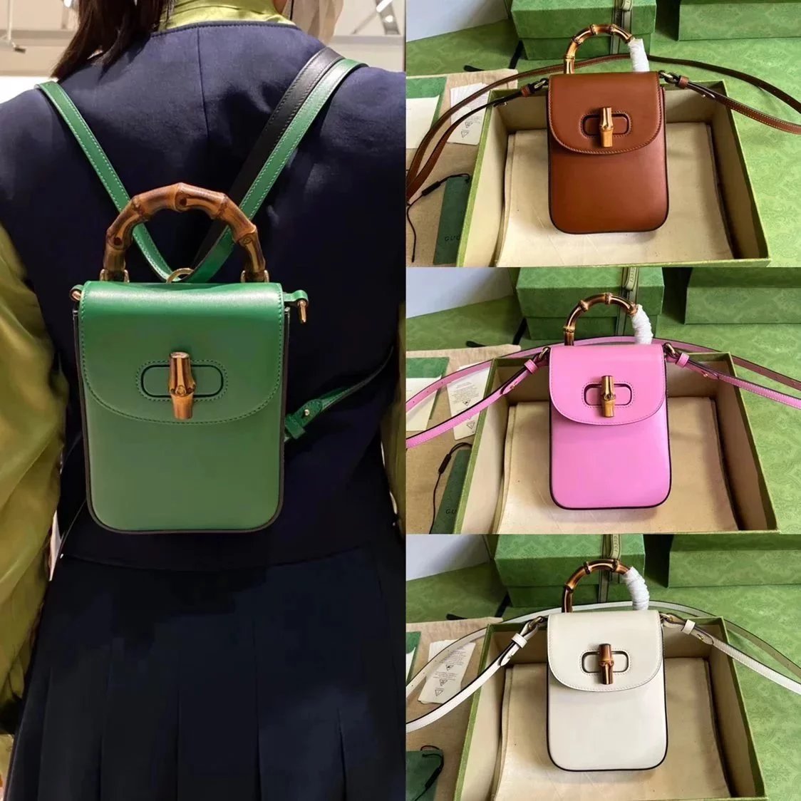 Gucci Backpack Top version 【Original Genuine Goods Leather】2022New Aria-Love March Series Mini Bamboo Backpack Bamboo Handle Bag Camera Bag Shoulder Bag Messenger Bag Mobile Phone Bag Bamboo Backpack Cool New Bamboo Small Bag702106