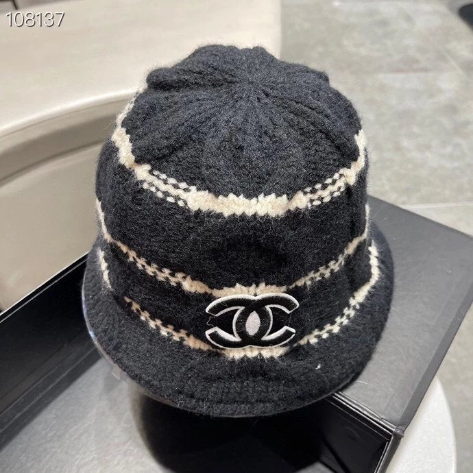 Chanel Hat Two-Color Knitted Fisherman Hat Women's Autumn and Winter Face Big Suitable Hat Face Small Bucket Hat All-Matching Basin Hat