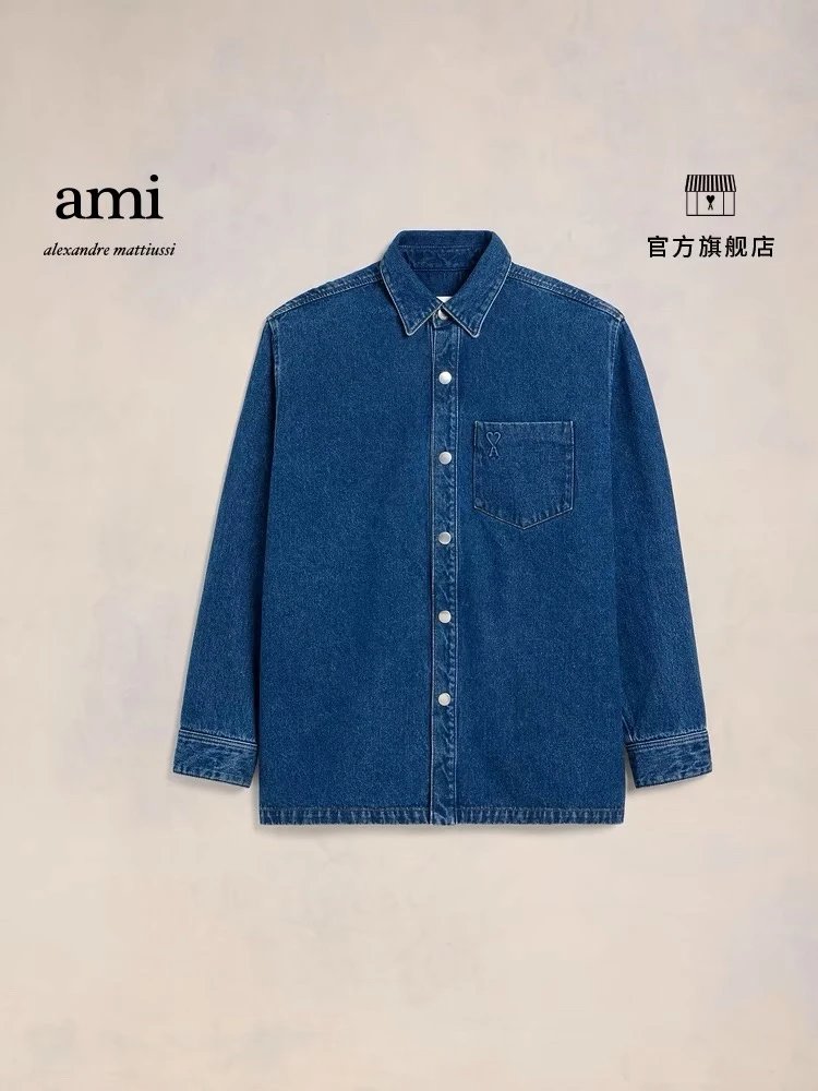 Ami Jackets Top Version【Autumn New Product】Same Style for Men and Women24Autumn Embossed Love Washed Denim Loose Jacket Coat