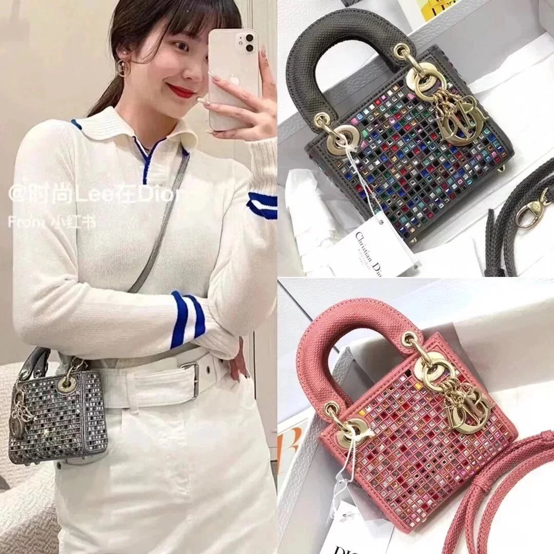 Dior Women's Bag Top version 2022New Colorful Crystals Embroidery Lady Diana bag mini Diana Three-Grid Chain Bag Portable Shoulder Bag Messenger Bag