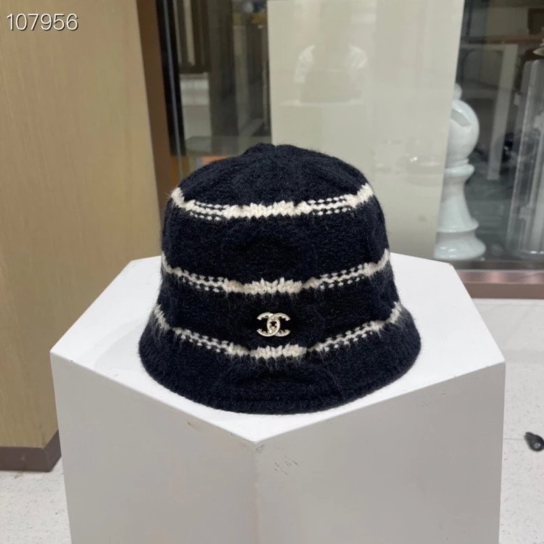 Chanel Hat Women's Wool Knitted Fisherman Hat Autumn and Winter New Korean Style Versatile Dome Bucket Hat Striped Bucket Hat