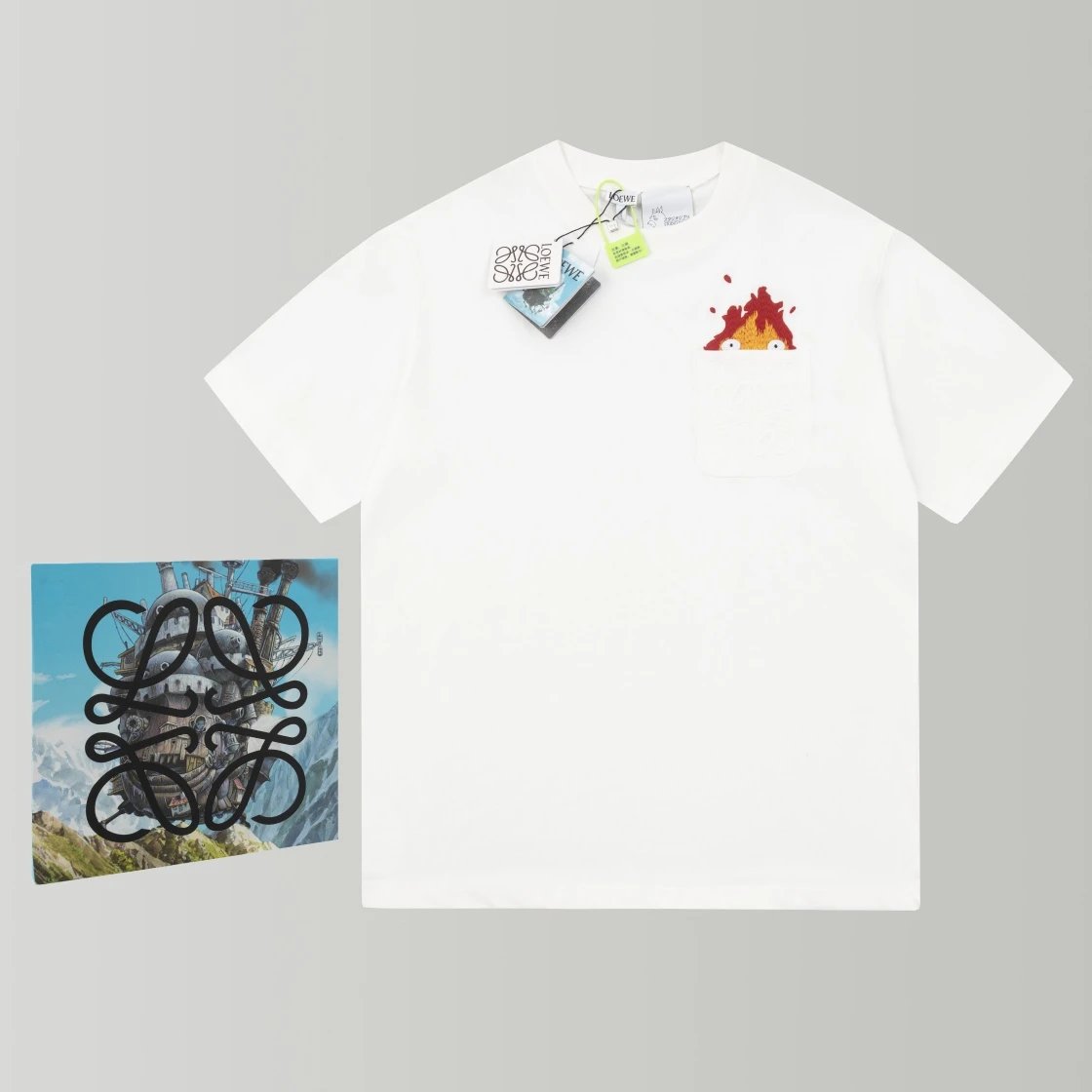 LOEWE T-shirt 24ss Hayao Miyazaki Joint-Name Series Haar's Mobile Castle Flame Embroidery Doll round Neck Short Sleeve Men and Women Same Style T T-shirt OS Loose Fit Base Shirt Casual Top Short Sleeve T-Shirt