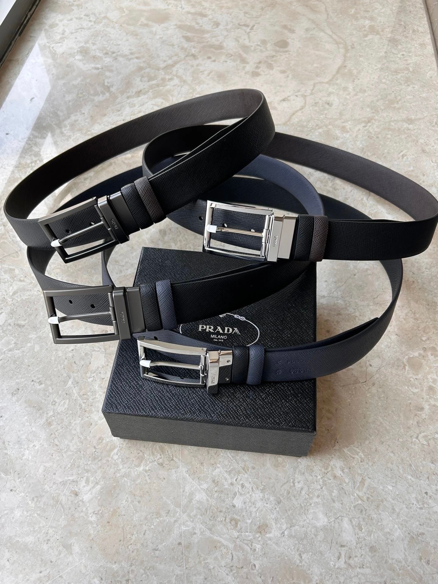 PRADA Belt Top version New Original Order Genuine Belt Men's Pin Buckle Belt Business Casual Cross Pattern Black Coffee Double-Sided Pure Original Leather Imported from Italy Cowhide Leather