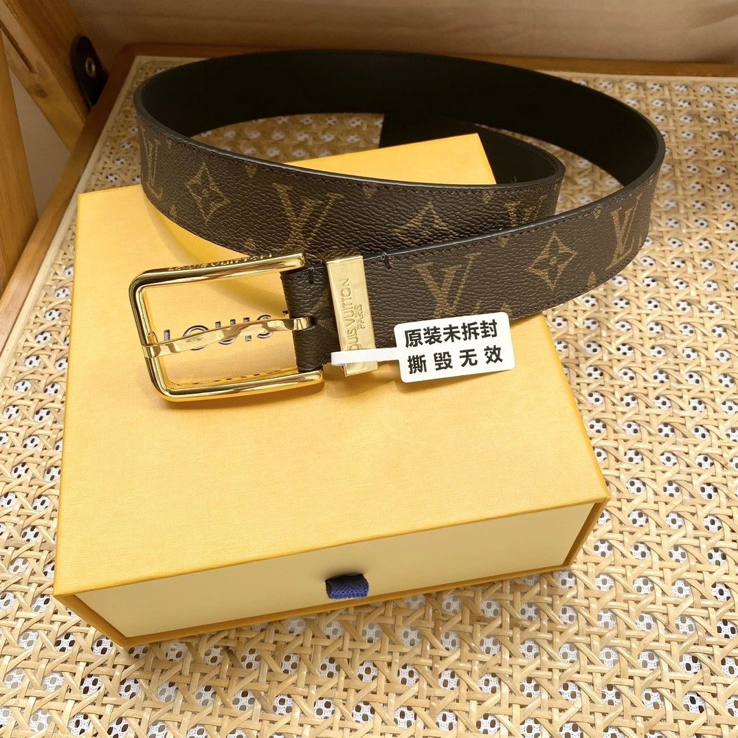 Louis Vuitton LV Belt Top version The Most New Belt3.5cm Men's Belt Metal Buckle Men's Leather Belt with Classic Checkerboard Plaid Belt