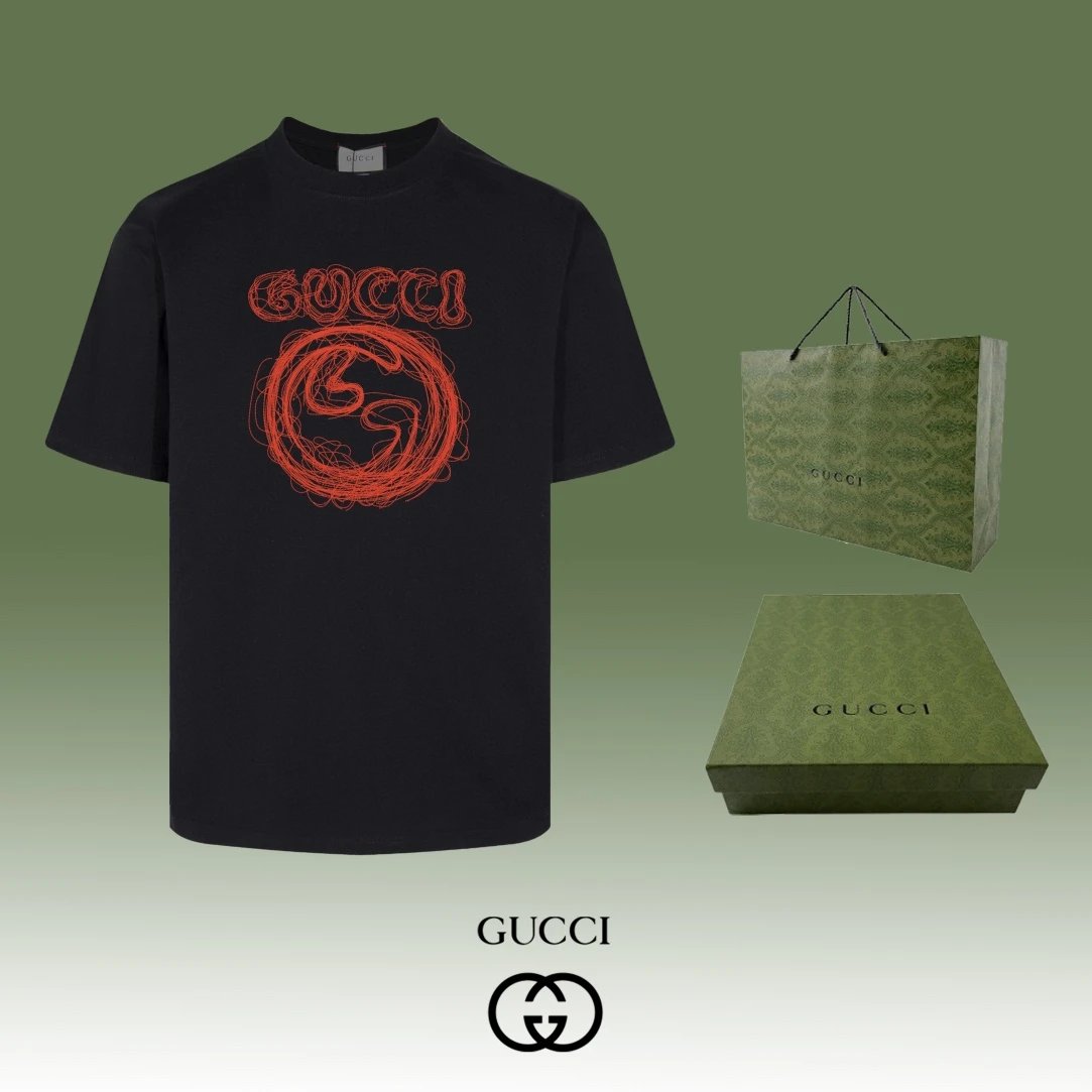 Gucci T-shirt Chest Sketch Style Double G Letter Printing logo round Neck Short Sleeve25ss New Pure Cotton Unisex Style T T-shirt OS Loose Fit Base Shirt Top Half Sleeve T-Shirt