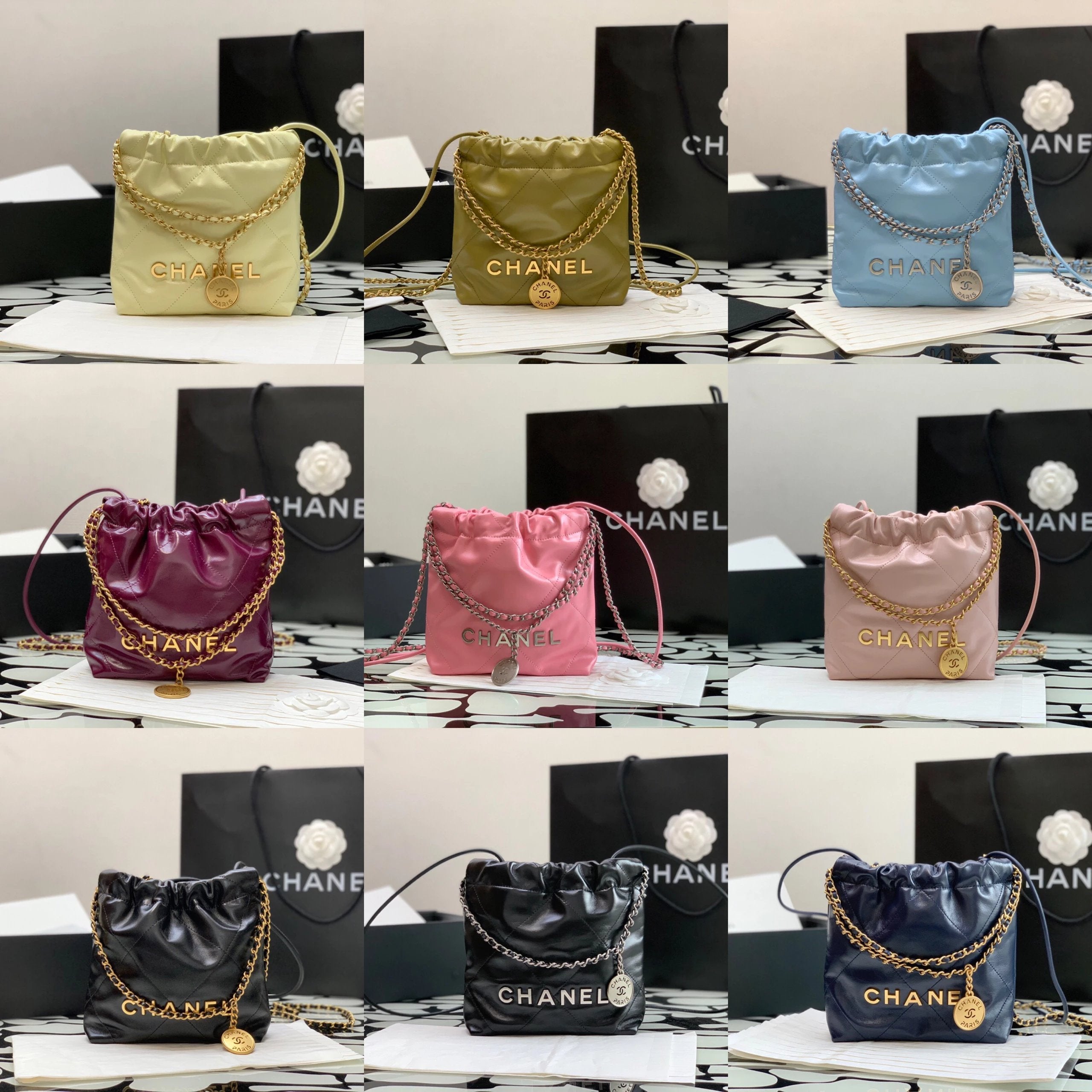 Chanel Women's Bag Top version 【**Original Leather】Goose23s New mini22bag Garbage Bag New Color Chick Yellow Pearl Bag Small Bookbag Bucket Bag22bagmini Size Black Silver Cherry Blossom Pink New Color