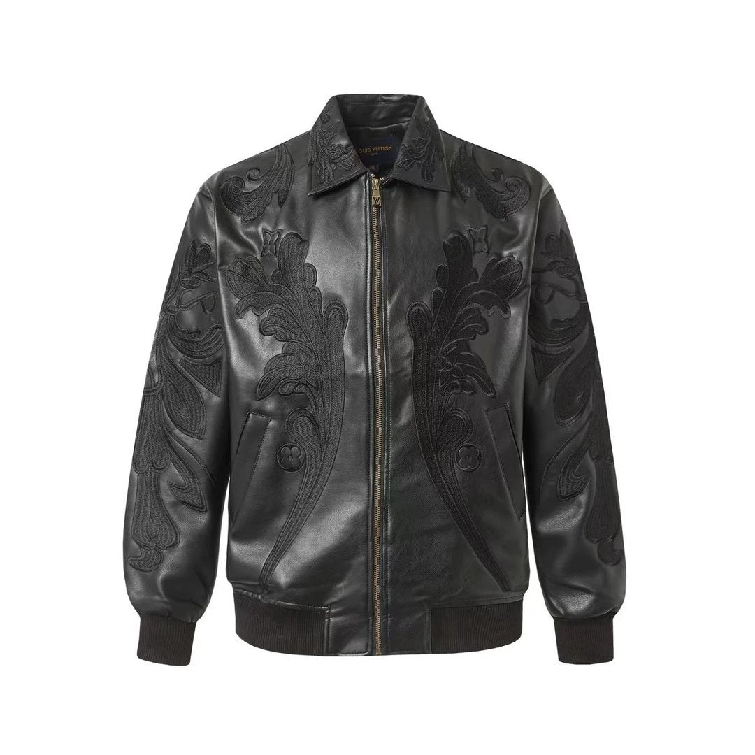 Louis Vuitton LV Jackets Embroidered Floral Lapel Leather Jacket Men's Business Casual Versatile Autumn Winter New Arrival