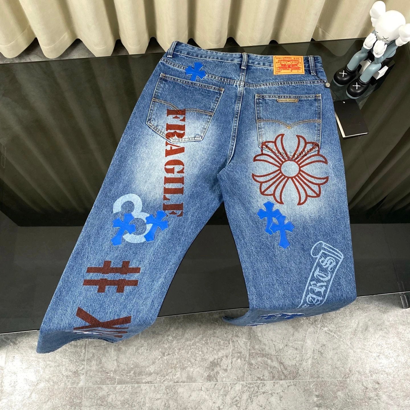 Chrome Hearts Jeans Sanskrit Graffiti Print Stickers logo25ss Spring Summer New Straight Leg Jeans Unisex Slim Fit Long Pants Loose