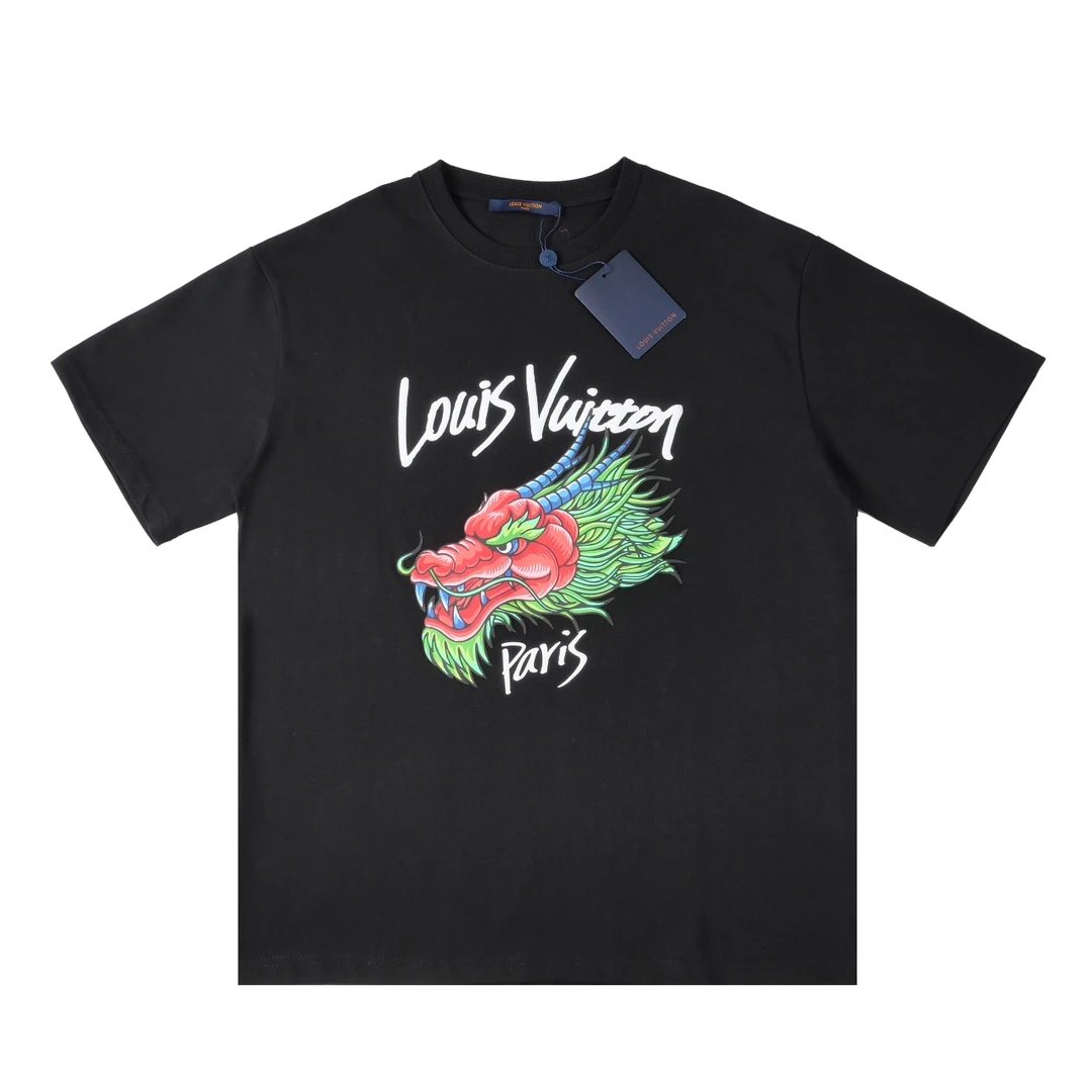Louis Vuitton LV T-shirt Hand-painted Dragon Head Print on the Chest logo round Neck Short Sleeve25ss New Pure Cotton Unisex Style T T-shirt OS Loose Fit Base Shirt Half Sleeve T-Shirt Top Half Sleeve
