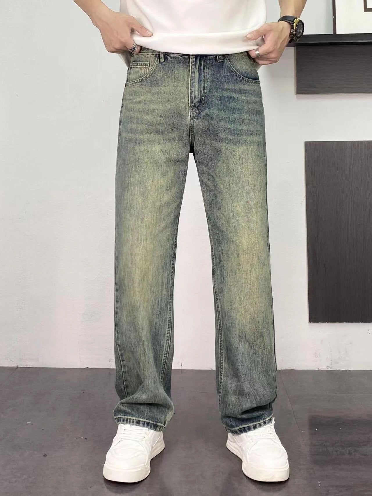 Balenciaga Jeans Classic Back Waist Leather Label logo Straight-Leg Washed Blue Jeans Autumn Winter New Unisex Straight-Leg D Loose Casual Pants for Parents