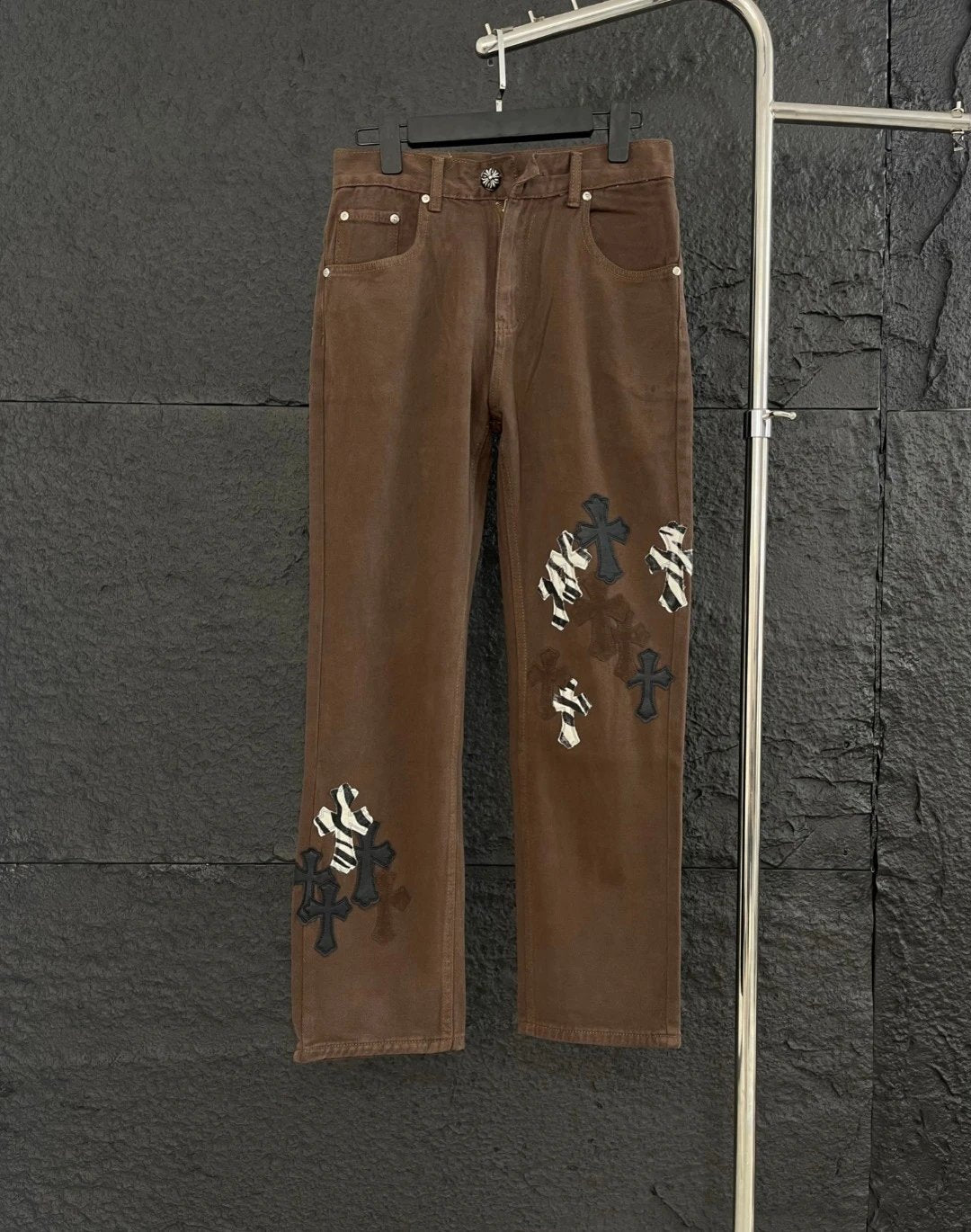 Chrome Hearts Jeans Front Cross Stitch Leather logo25ss Spring Summer New Straight Loose Slim Fit Jeans Unisex Long Pants