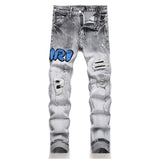 Amiri Jeans New Foreign Trade Style Fashion Blue with Holes Paste Cloth Embroidery Elastic Mid-Waist Feet Men's Jeans