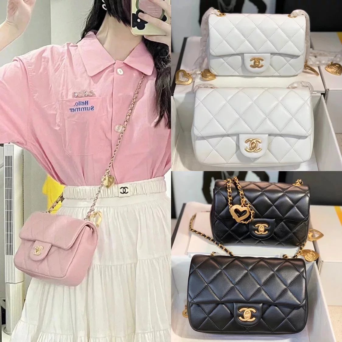 Chanel Women's Bag Top version 【Original Leather Products】2022New Chinese Valentine's Day Love Chain Bag Big Mini Fat Fang CF Bag Heart-Shaped Chain Flap Bag Peach Heart Ornaments New Women's Bag Crossbody Bag