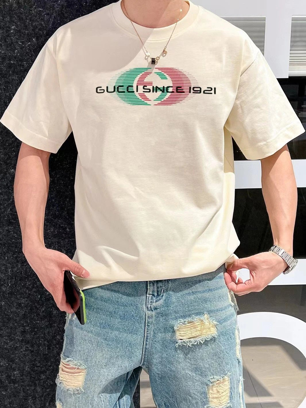 Gucci T-shirt Classic red and green G Wow Glue Thick Board logo round Neck Short Sleeve25ss New Pure Cotton Unisex T-Shirt T T-shirt OS Loose Fit Base Shirt Top with Half Sleeves