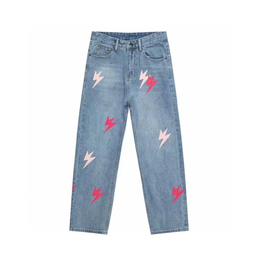 Chrome Hearts Jeans Lightning Cow Patchwork High Street Style Washed Blue Jeans Autumn Winter New Unisex Loose Casual Wide Leg High Waist Pants