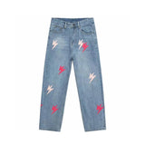 Chrome Hearts Jeans Lightning Cow Patchwork High Street Style Washed Blue Jeans Autumn Winter New Unisex Loose Casual Wide Leg High Waist Pants