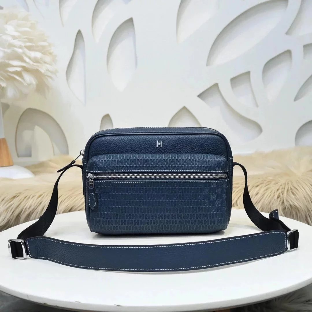 Hermes men's bag Top version Genuine Goods Grade New Classic Men's Fashion Crossbody Bag Men's Casual Shoulder Bag Men's Bag First Layer Cowhide Handbag Khaki Full Leather Black Canvas Handmade Big Bag