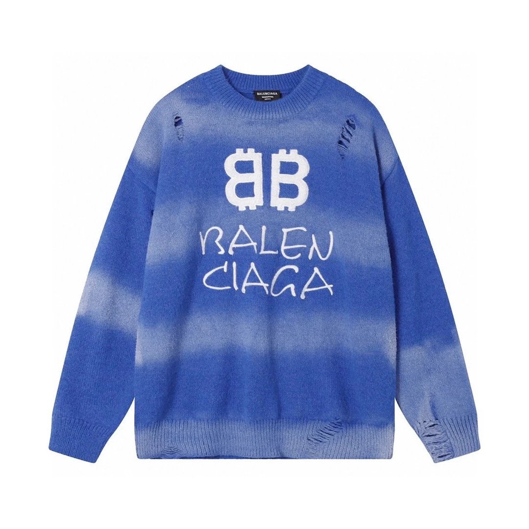 Balenciaga Sweater Ripped Double B Embroidery1ogo Patchwork Sweater Knitwear Round Neck Sweater Long Sleeve Thickened Lazy Style Unisex Loose Top Coat Inner and Outer Wear