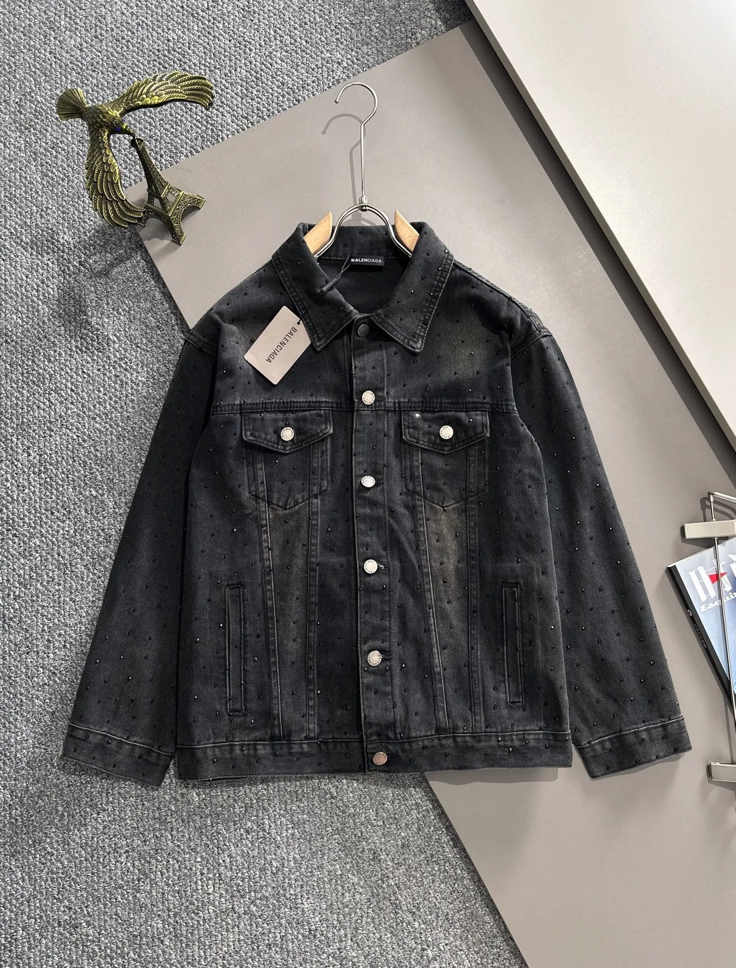 Balenciaga Jackets Full Brick Denim Jacket Fashion Simple Heavy Casual Short Denim Unisex Washed Vintage Turn-down Collar Jacket