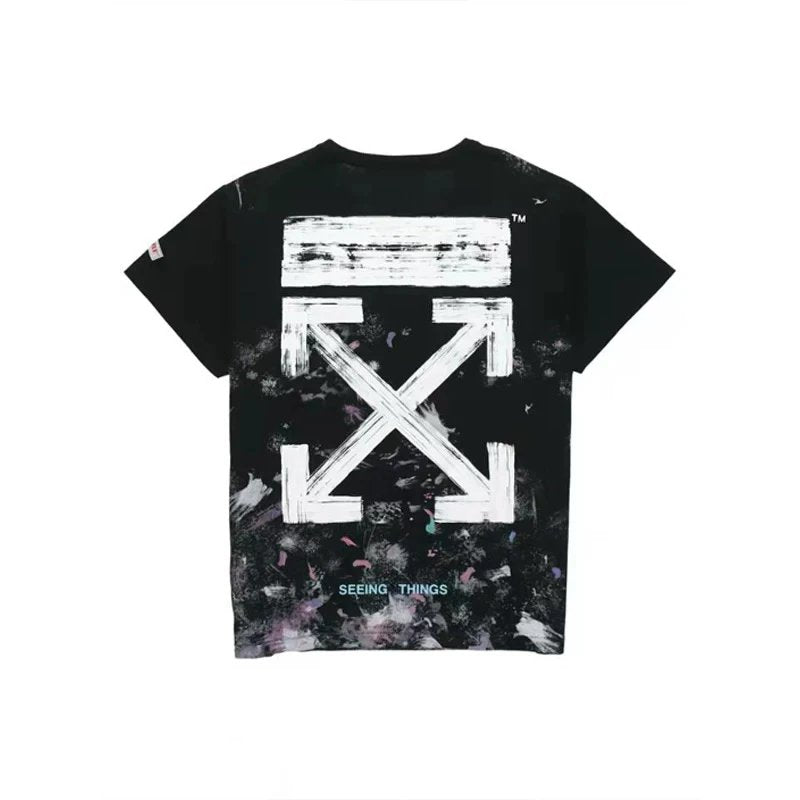 OFF-White T-shirt Top Checked Short Sleeve Arrow Oil Painting Splash Ink Gilding T Loose T-shirt Male and Female Couples Wear Summer