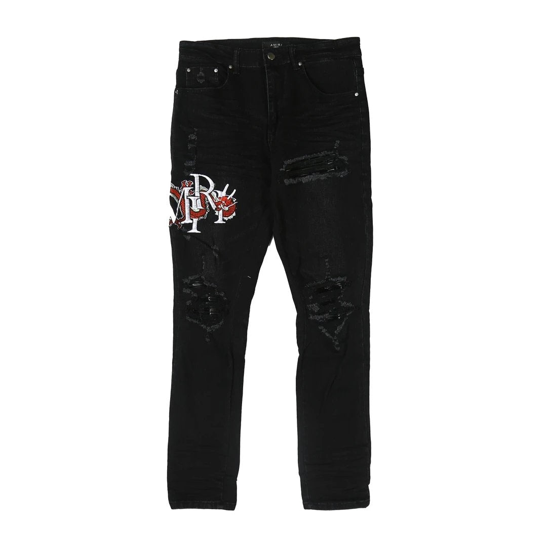 Amiri Jeans New Style Jeans Washed Ripped Embroidered Slim Fit Calf-Length High Waist Pants Unisex Long Pants