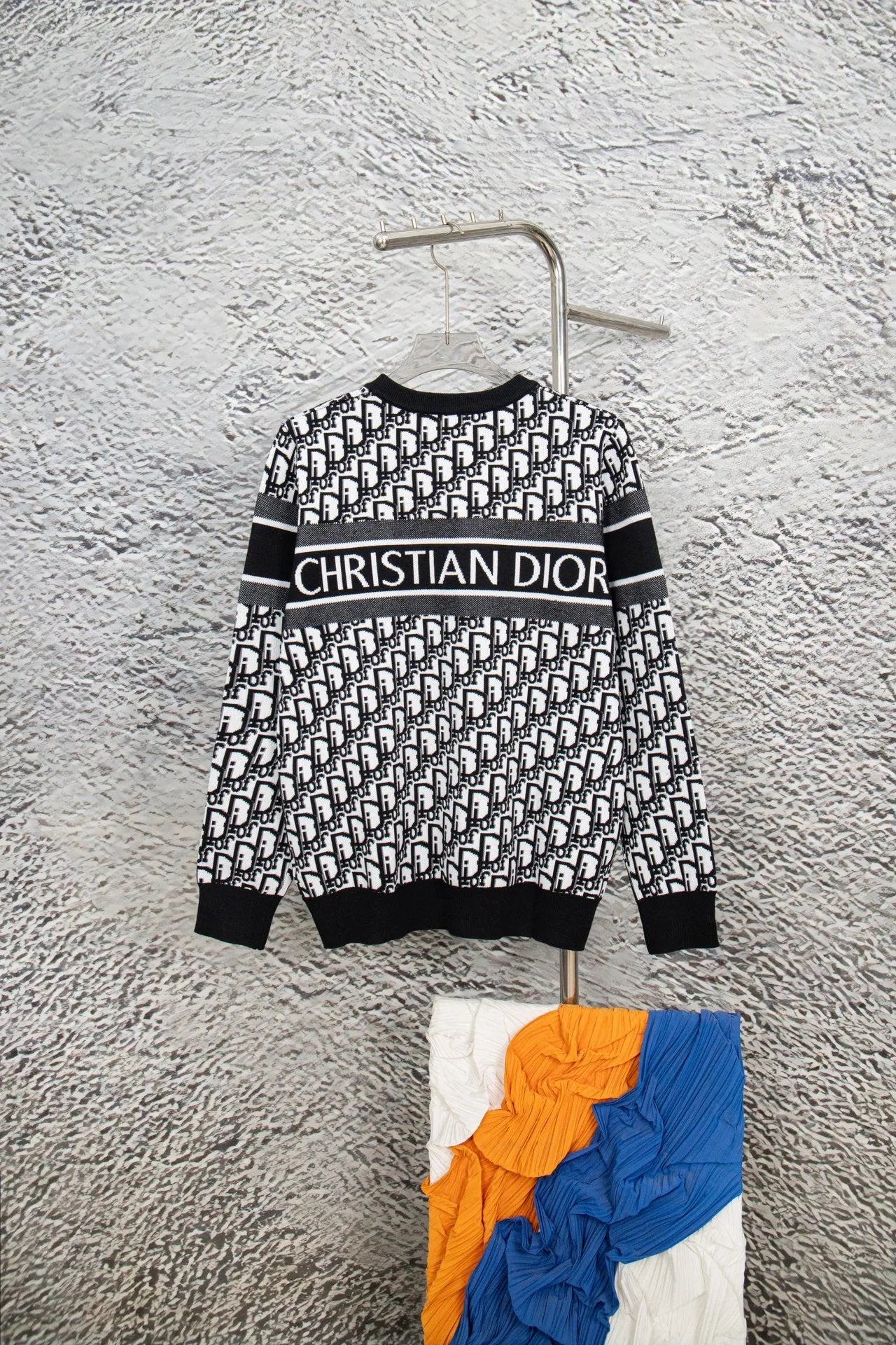 Dior Sweater Logo Strip Full Printed Contrast Color round Neck Sweater Thicken Lazy Style Men's and Women's Same Loose Knitted Top